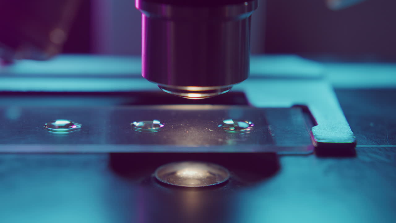 Scientific Examination of Droplets on Slide under Microscope in Neon-Lit Lab