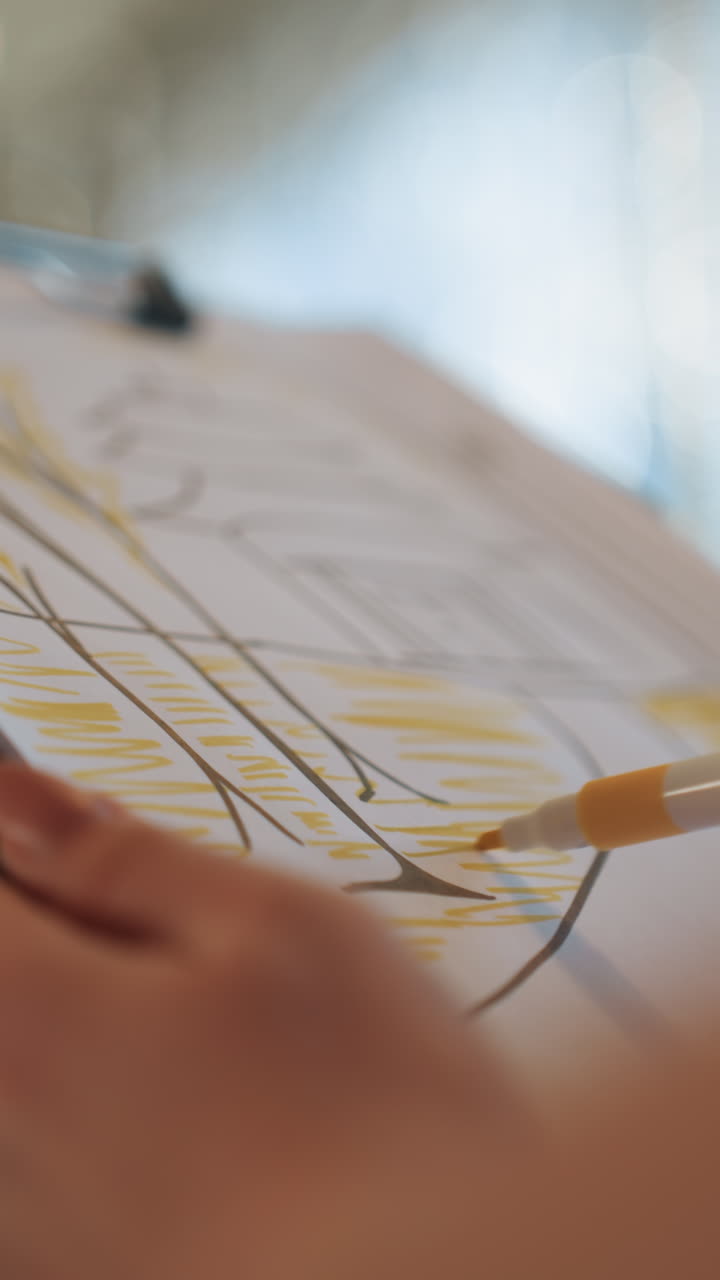 Nærbillede af hænder, der forfiner en illustration på en udklipsblok i blødt morgenlys gennem et vindue. Bevidste overstregninger fremhæver kompositionslinjer, mens blid bokeh og reflekterende glas skaber en rolig, filmisk stemning.