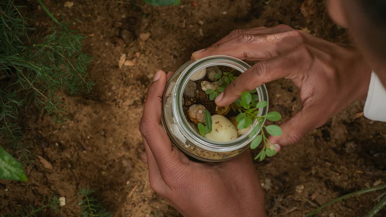 Uomo adulto che tiene in mano un vaso e controlla e modifica una piantina su terriccio da giardino, con ciottoli, bulbi e un polsino bianco