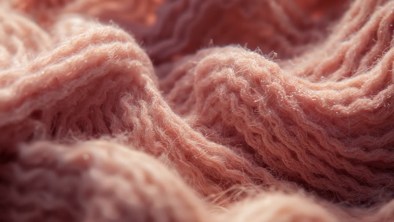 Initiating camera panning across studio textile after close-up, highlighting pink yarn fibers