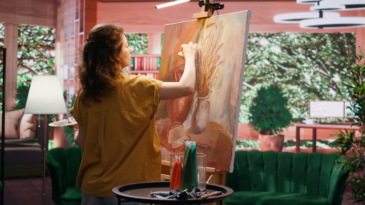 Woman artist painting a still life in a studio
