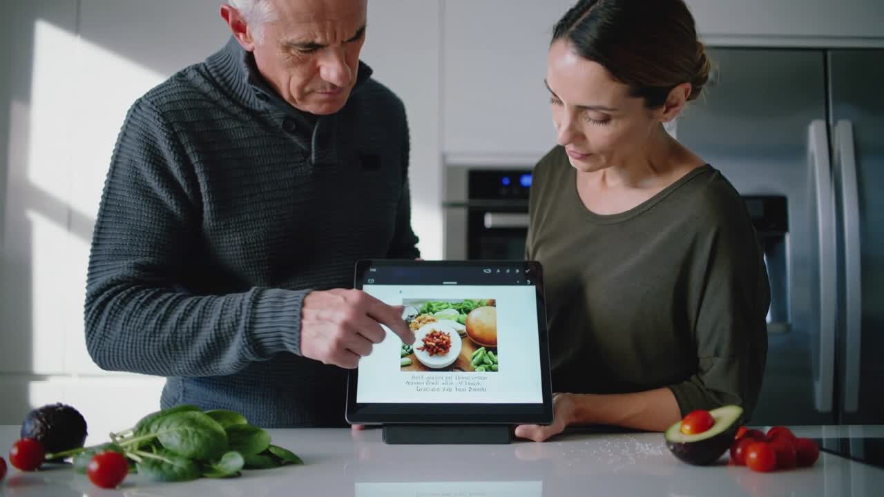Pareja de ancianos con suéter señalando, siguiendo una tableta que muestra un plato y eligiendo una receta en la cocina.