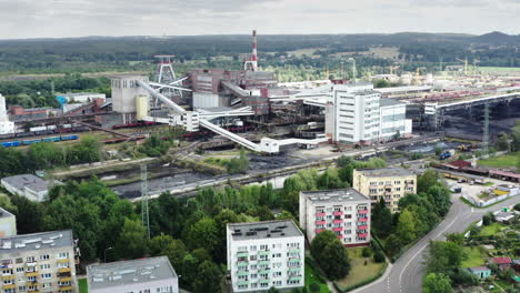 aerial reveal of coal mine area in silesia region in poland, europe