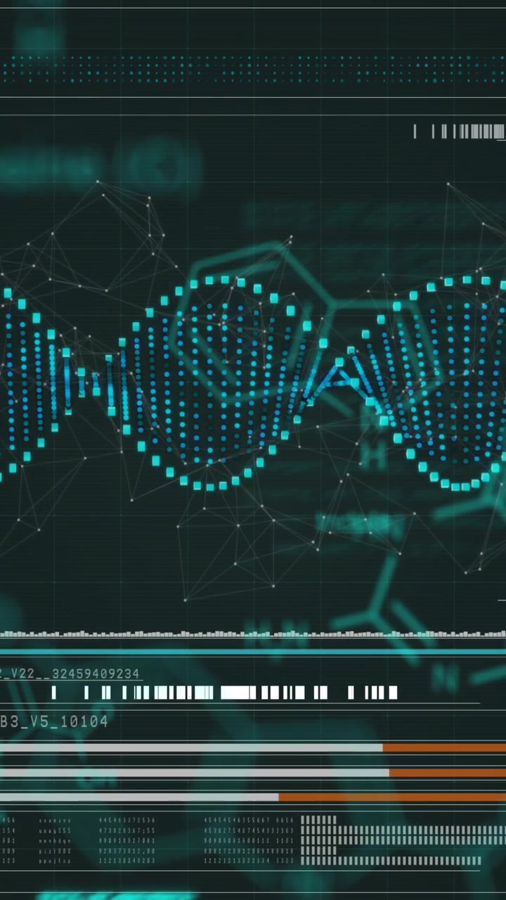 Animation of dna, brain and scientific data processing over black background