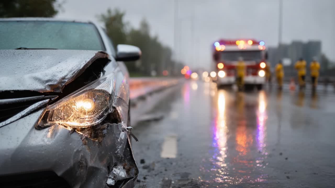 Grave incidente d'auto in condizioni di pioggia: veicolo danneggiato con i soccorsi di emergenza sullo sfondo