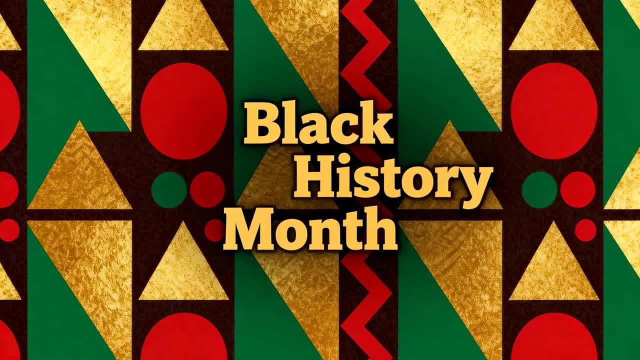 Slide appearing, promoting centered Black History Month title on backdrop with gold triangles