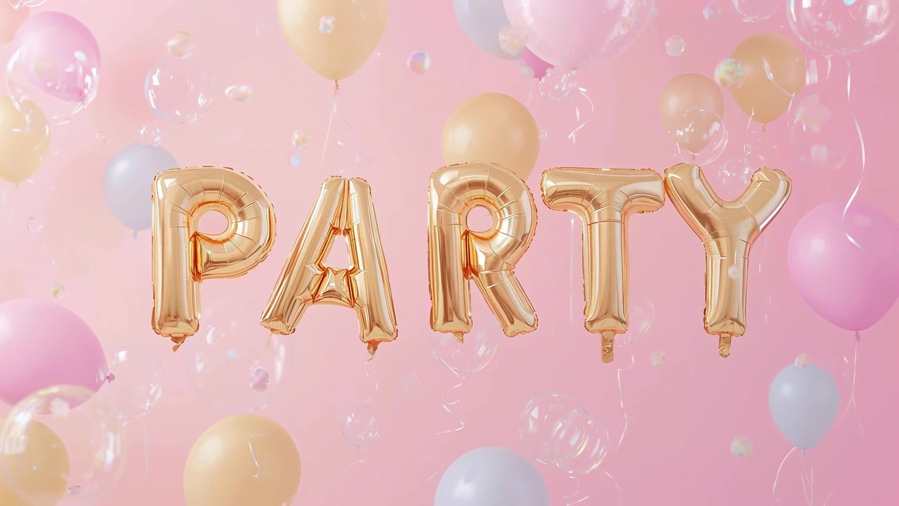 ピンクの壁を背景に金色のホイル製「PARTY」の文字が漂い、そよ風がパステルカラーの風船と泡を優しく舞い上げる。