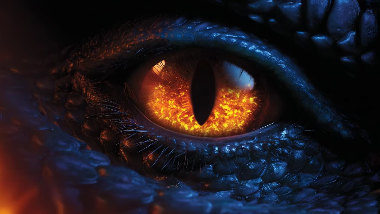 A Mesmerizing Close-Up of a Dragon's Eye Capturing the Fiery Essence Within, Highlighting Its Intricate Scales and Intense Expression of Power and Mystery Amidst the Shadowy Background