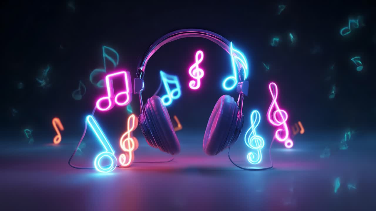 A captivating digital illustration showcasing an intricate arrangement of glowing neon music notes surrounding a stylish pair of headphones, creating an immersive auditory ambiance