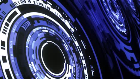Abstract 3D perspective blue glowing technology motion design with HUD gear. 4K Rotating futuristic digital gears motion graphic for science, technology title intro background.