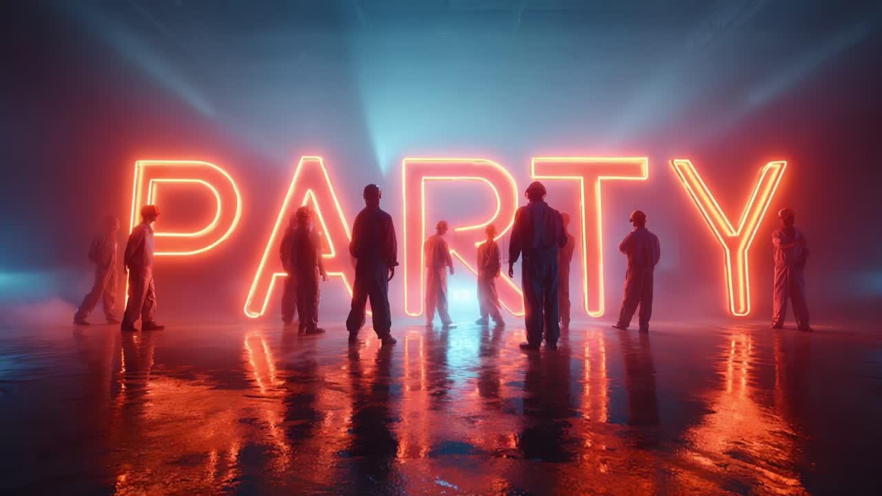 An energetic and vibrant night party scene featuring silhouetted figures illuminated against a striking neon 'PARTY' sign, creating a lively atmosphere full of excitement and fun