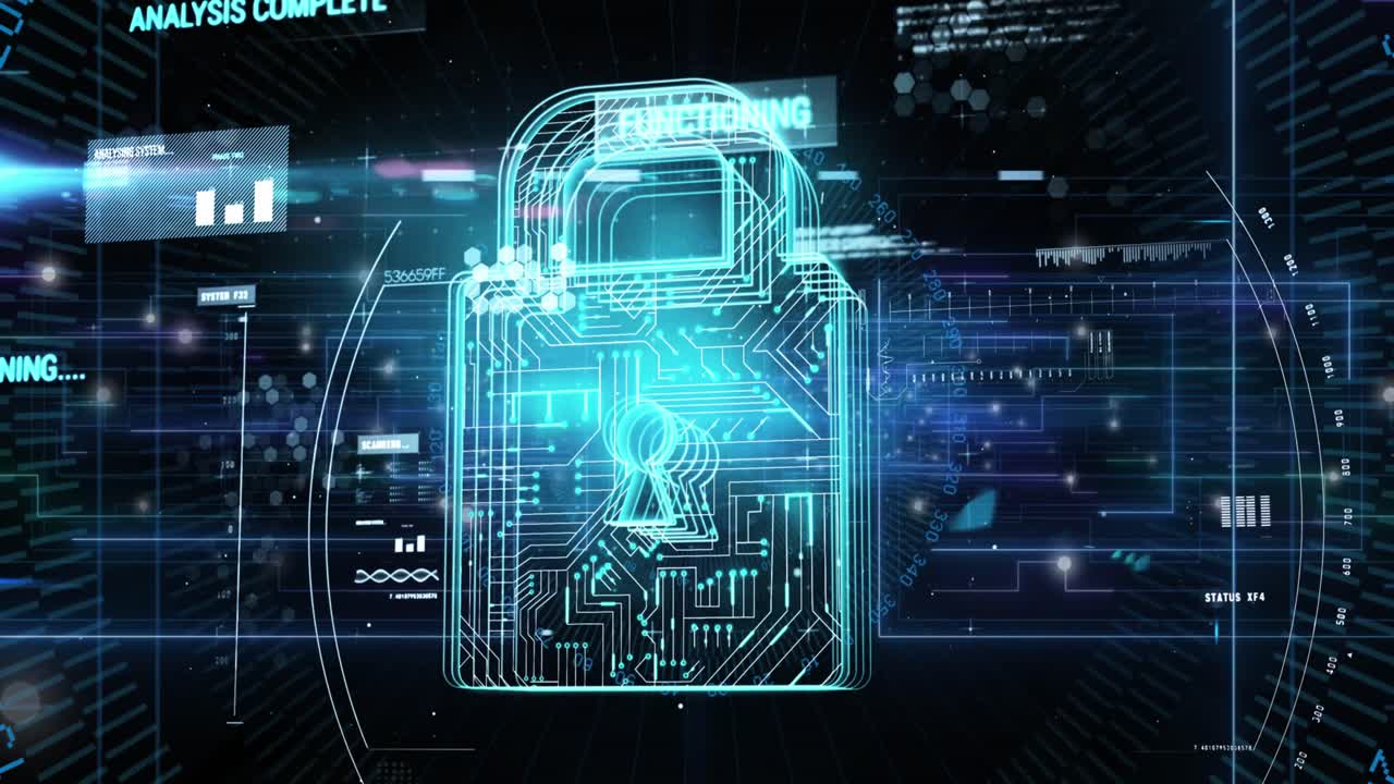 Animation of data processing and padlock icon on black background