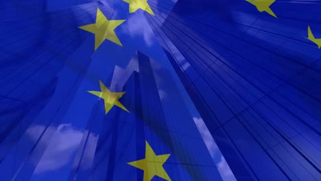 Animation-Der-Flagge-Der-Europäischen-Union-über-Hochhäusern-Im-Modernen-Stadtbild
