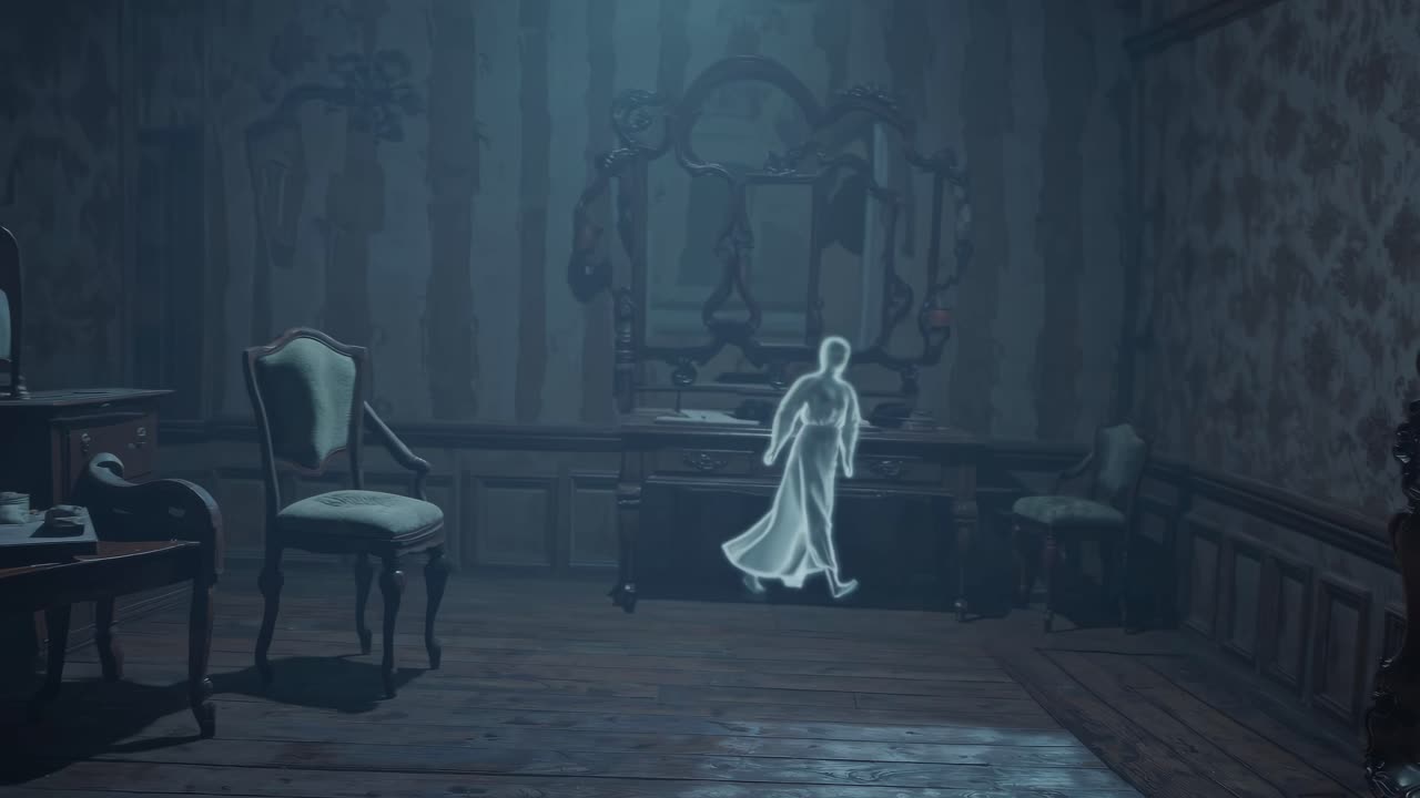 Una figura fantasmal en una habitación vintage, capturada desde un ángulo bajo, creando una atmósfera inquietante