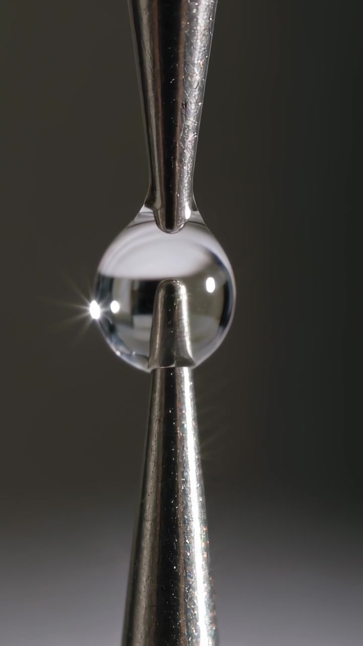Vídeo vertical: Gota transparente crescendo tocando pontas de metal, afinando e se desprendendo pela gravidade em estúdio