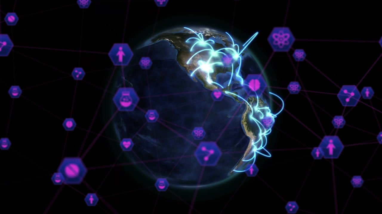 Rotation starting globe rotating purple dots linking icons and blue arcs looping for health network