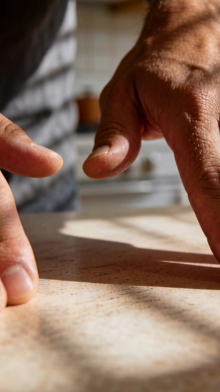 Vertical video: Placing man's hands bracing on kitchen counter wearing striped apron preparing food