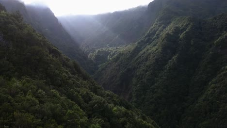 madeira, portugal - stunning scenery of lush mountain range lightened by beam of sunlight - aerial drone shot