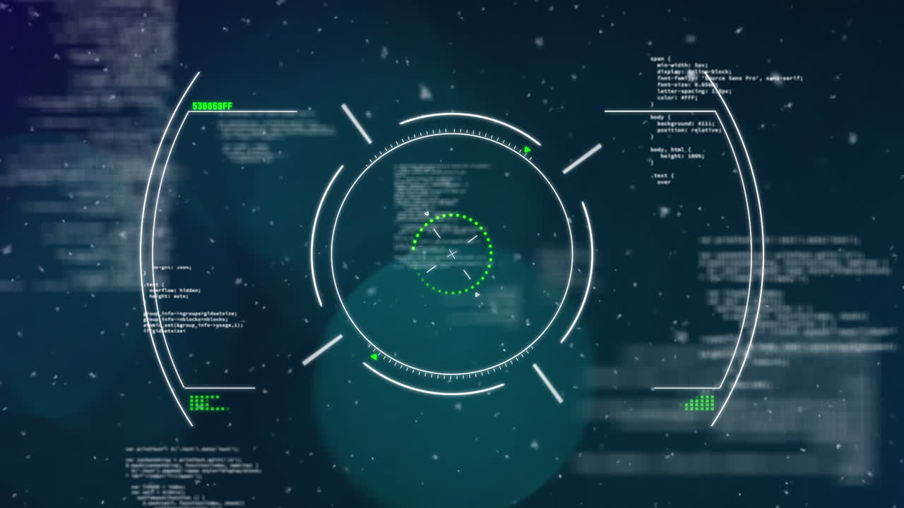 Animation of data processing with scope scanning over light spots and snow on black background