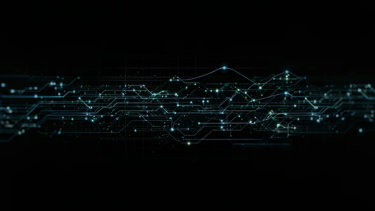Pulsing data ribbon reacting to surge in dark void, lighting neon teal traces nodes waveform sparks