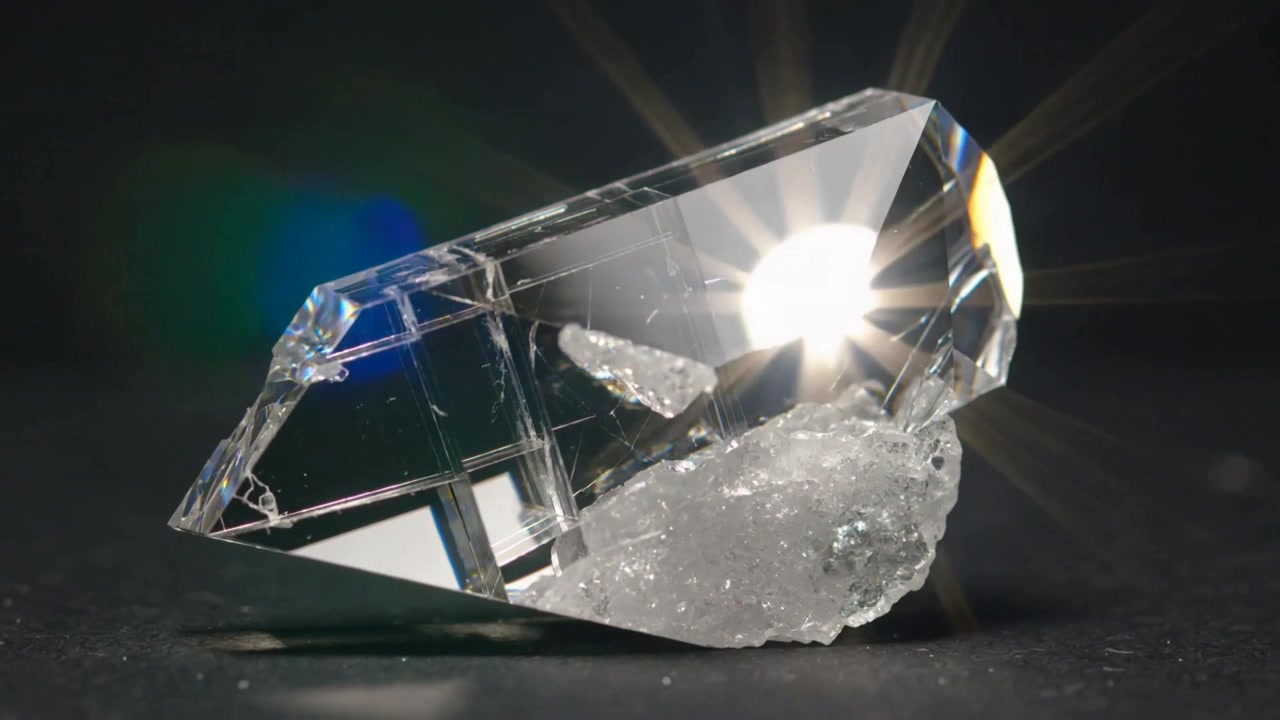 Cristal facetté captant un éclat étoilé, la lumière frappant la facette arrière, en studio avec de la druse