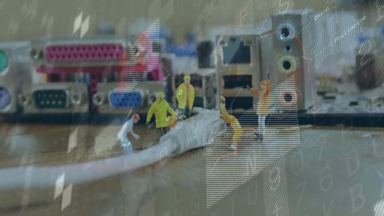 Ethernet cable being inspected on I or O panel, with plastic technicians and digital data overlays