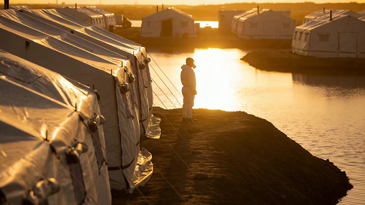 Standing man in light outerwear with hood watching low sun reflection on water at tent camp