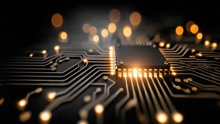 Udforsk de komplekse detaljer i en mikrochip på et printkort, der fremhæver de glødende forbindelser og mønstre, der definerer moderne teknologi