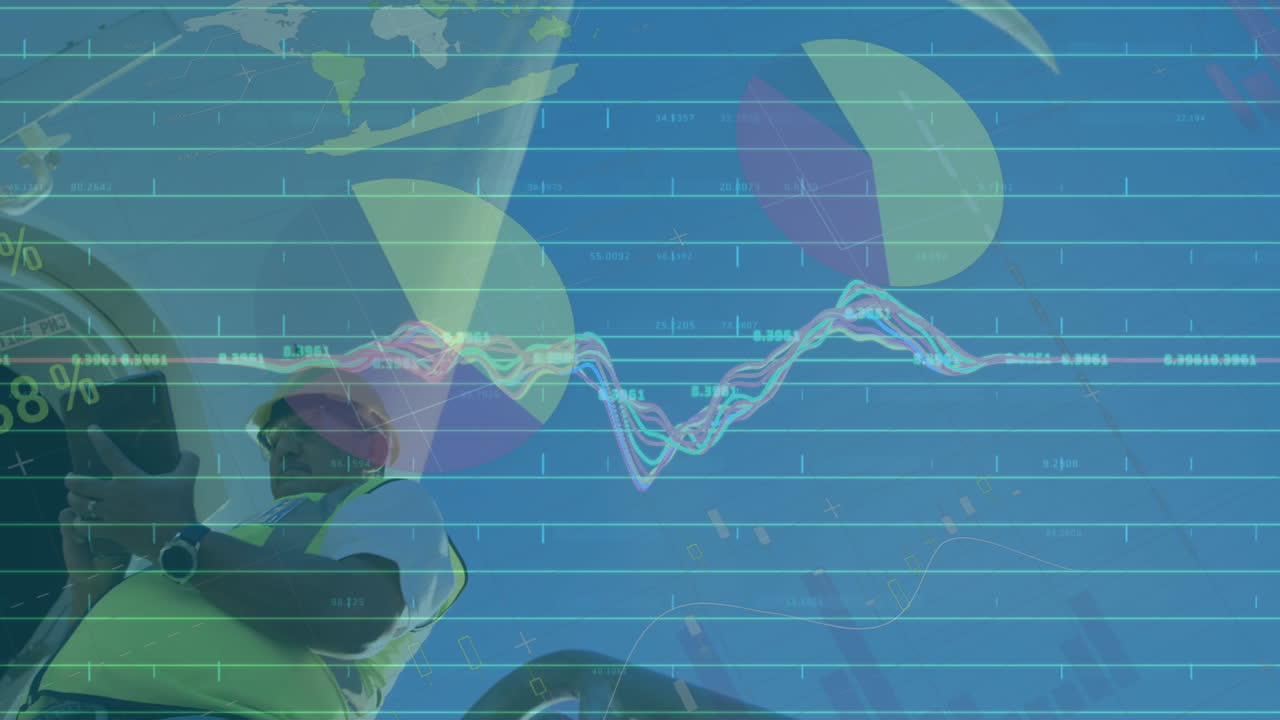 animación de estadísticas y procesamiento de datos sobre la turbina eólica e ingeniero en fondo azul