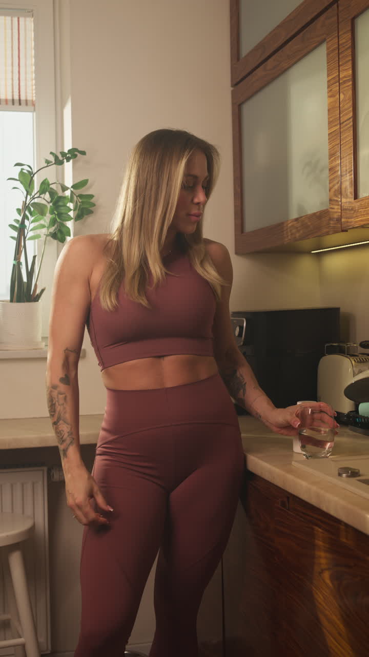Donna sportiva che beve un integratore vitaminico - Scatto verticale.