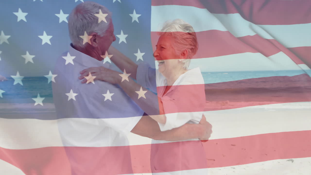 여름에 해변에 있는 백인 고위 부부 위에 있는 미국 발의 애니메이션