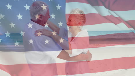 animation of flag of usa over caucasian senior couple on beach in summer