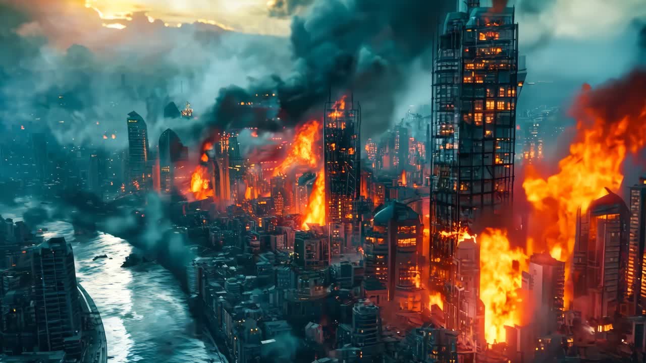 A city in the middle of a city on fire at night