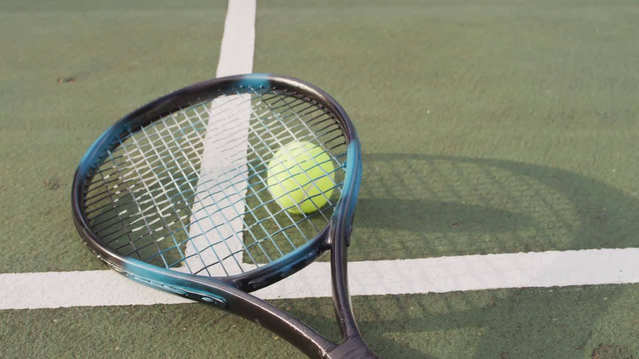 Video of tennis racket and ball lying on tennis court