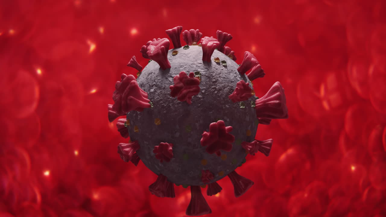 Animation of covid 19 cell spinning over red blood cells in background
