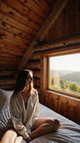 woman enjoying a scenic view from a rustic cabin bed