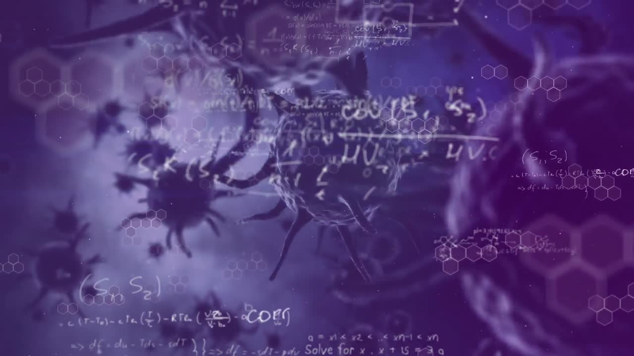 animación de células de coronavirus que se propagan sobre un fondo púrpura.