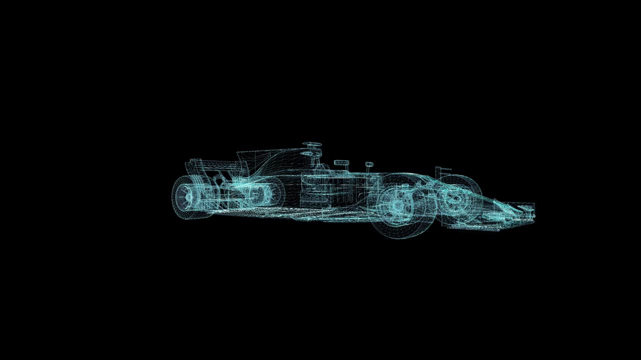 Ologramma Wireframe di Auto da Corsa. Bella Animazione 3D su sfondo nero con un loop continuo per progetti futuristici.