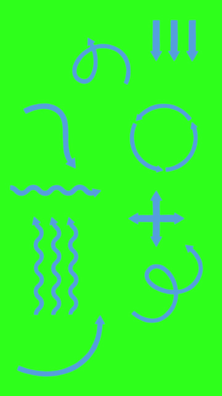 Blue arrows and geometric shapes animate vertically on vivid green, with smooth, sequential transitions