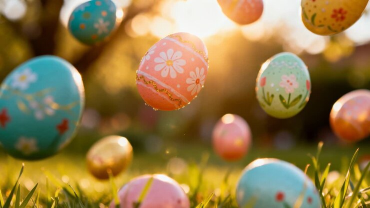 Sunflare brightening, painted pastel Easter eggs hovering and settling into grass, pink daisy focal