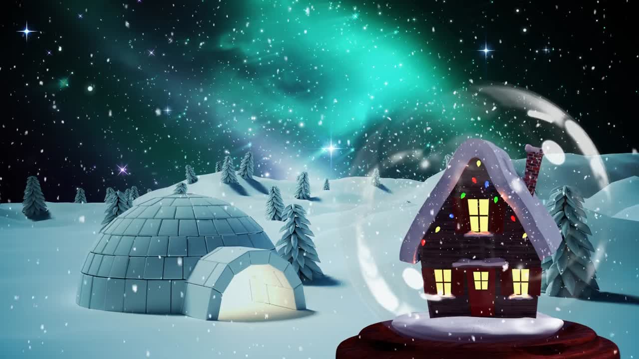 animación de navidad de la cabaña en el globo de nieve en el bosque mágico 4k