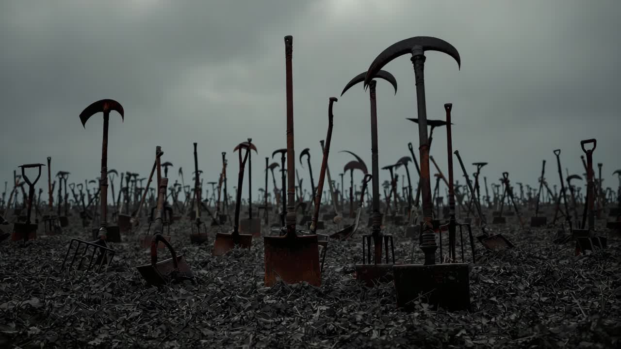 A field of rusted and abandoned tools under a bleak sky