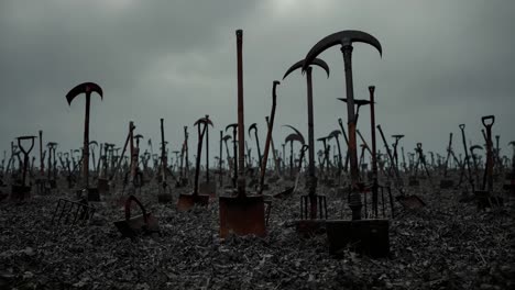 a field of rusted and abandoned tools under a bleak sky