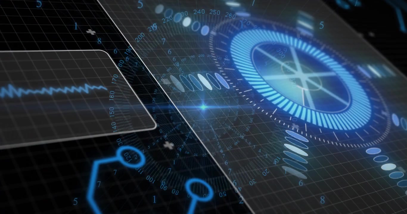 Grid appearing, UI pulsing line brightening waveform, rotating gauge, creating looping HUD effect
