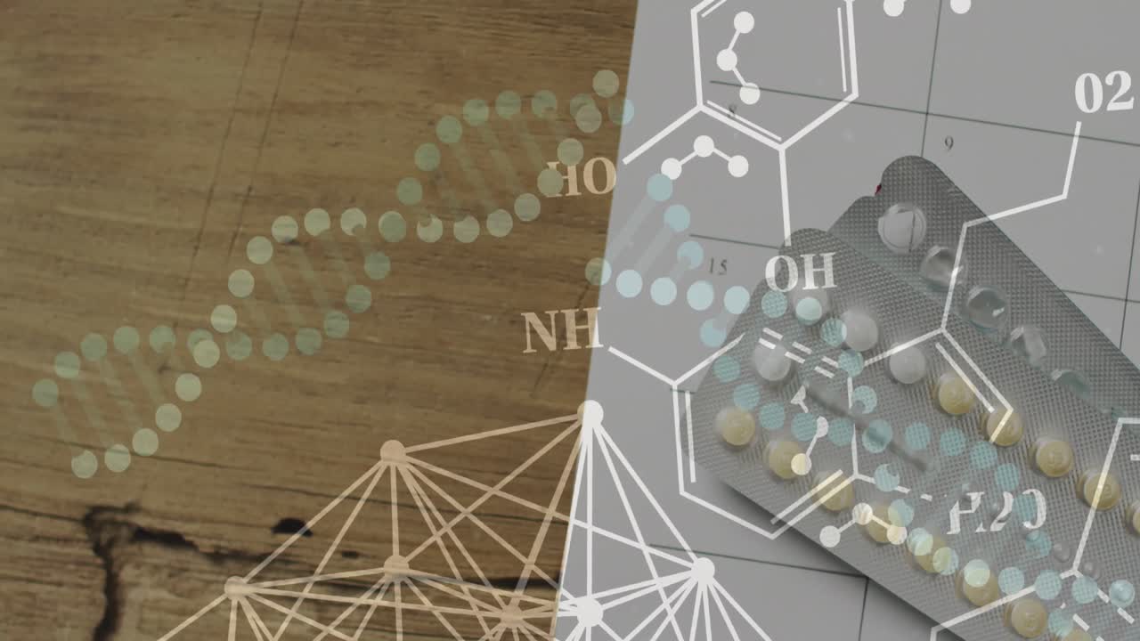 요소, 네트워크 및 dna 가닥의 애니메이션이 달력과 피임약을 통해 이동합니다.