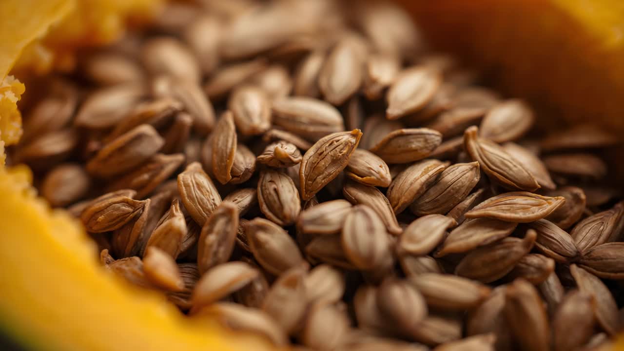 Shifting focus lens revealing brown seeds inside hollowed yellow gourd, showing texture and layout