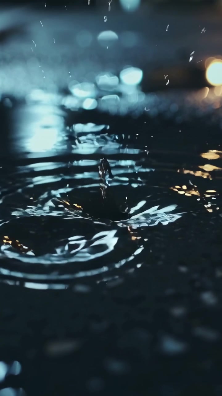 Vertikales Video: Erster Tropfen erzeugt Kronen-Spritzer auf Pfütze bei Nachtregen, sich bewegende Wellen, Bokeh-Effekt.