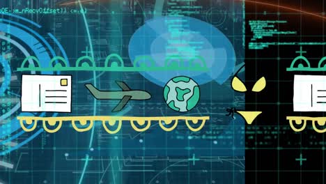 Animation of icons over data processing and scope scanning