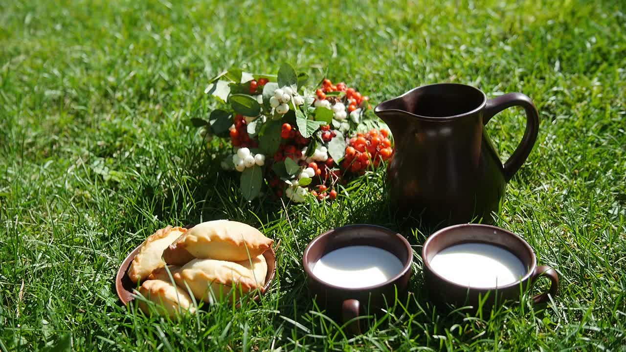 Picnic in the grass with pastries and milk