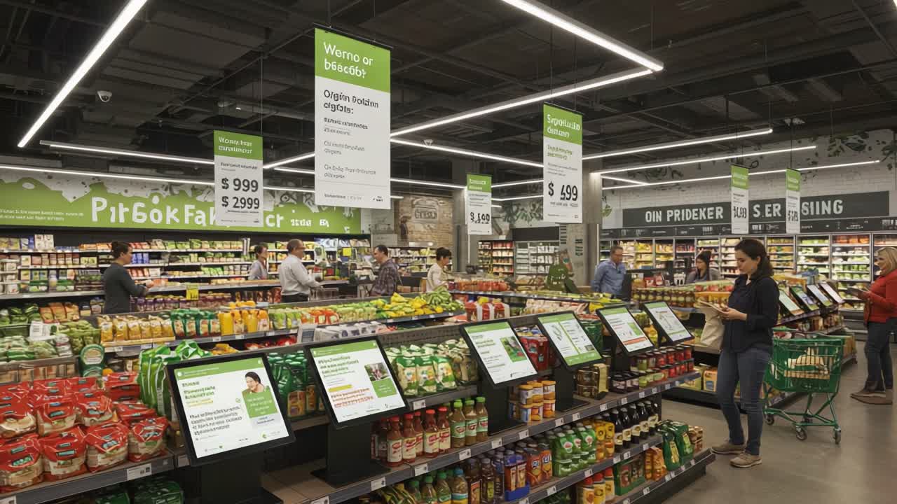 A bustling grocery store scene showcasing vibrant product displays, shoppers browsing the aisles filled with various food and beverage items, highlighting modern retail experience